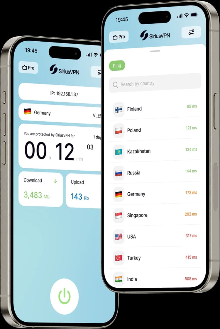 SiriusVPN mobile app interface on two smartphones