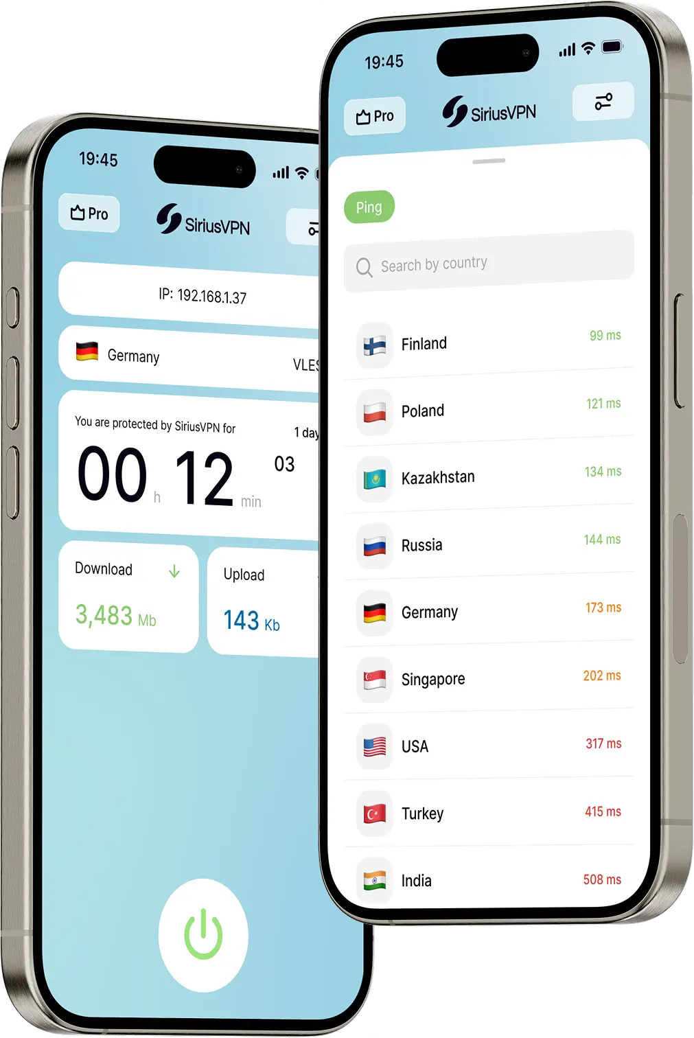 Интерфейс мобильного приложения SiriusVPN на двух смартфонах